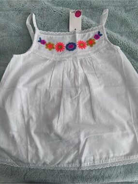 Mini Boden White Cotton Tank with Neon Floral Embroidery - NWT